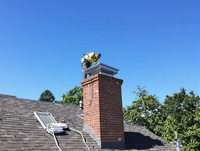 Tega Cay Chimney Sweep technician measuring a chimney cap in Tega Cay, SC
